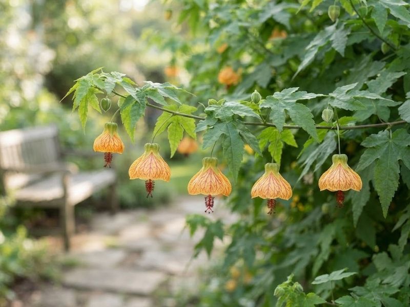 Ramo de flor de sino laranja com pétalas estriadas em jardim residencial