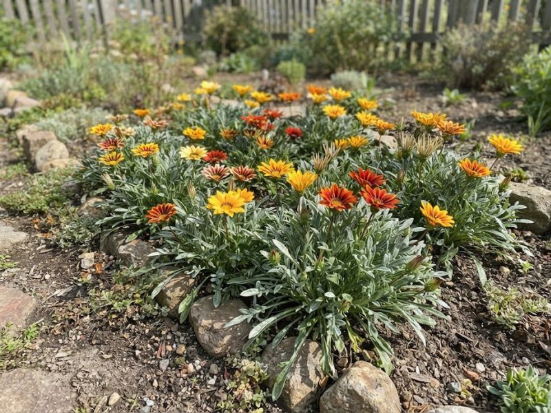 Gazânias coloridas formando uma bordadura baixa em jardim ensolarado