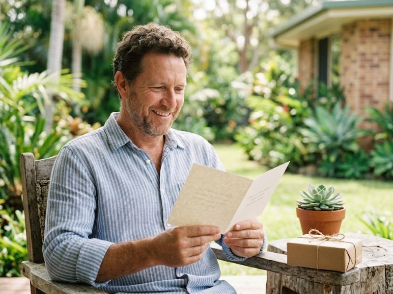 Pai sorrindo enquanto lê um cartão de Dia dos Pais