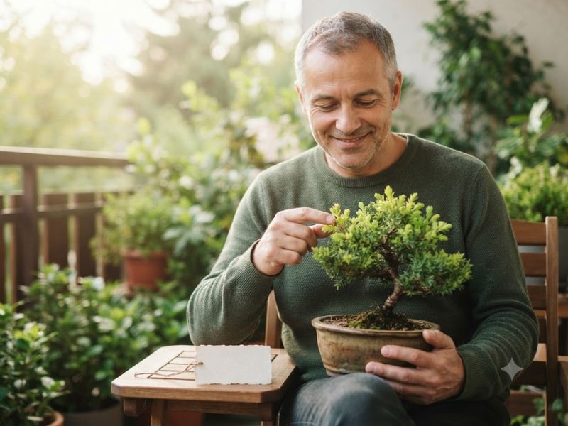 Pai cuidando de uma planta recebida como presente no Dia dos Pais