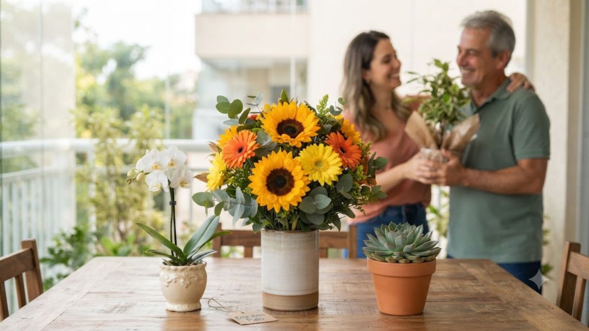 Pai recebendo uma planta em vaso como presente de uma filha adulta