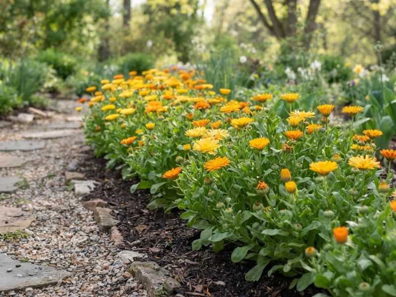 Canteiro de primavera com flores de calêndula amarelas e alaranjadas