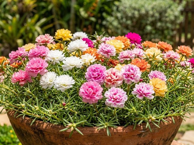 Flor onze horas dobrada em vaso largo com flores rosas, brancas, amarelas e alaranjadas