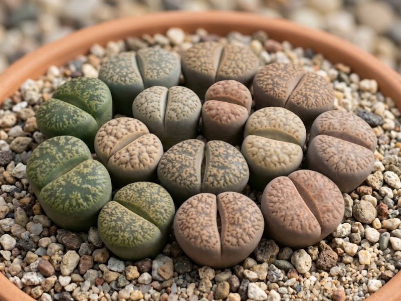 Diferentes variedades de Lithops com padrões e tonalidades naturais