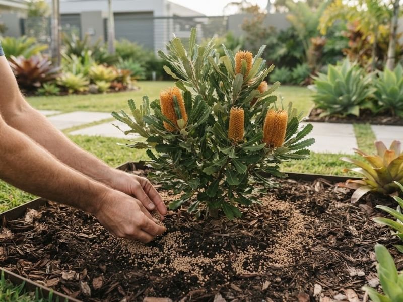 Pessoa aplicando pequena quantidade de adubo ao redor de uma banksia