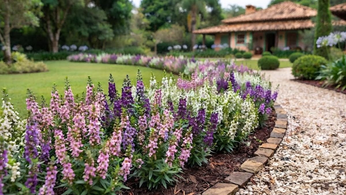 Angelônia em canteiro florido com flores rosas, lilases, roxas e brancas em jardim residencial