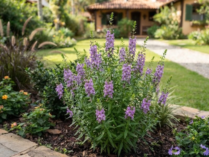 Angelônia com hastes eretas, folhas estreitas e pequenas flores lilases em canteiro