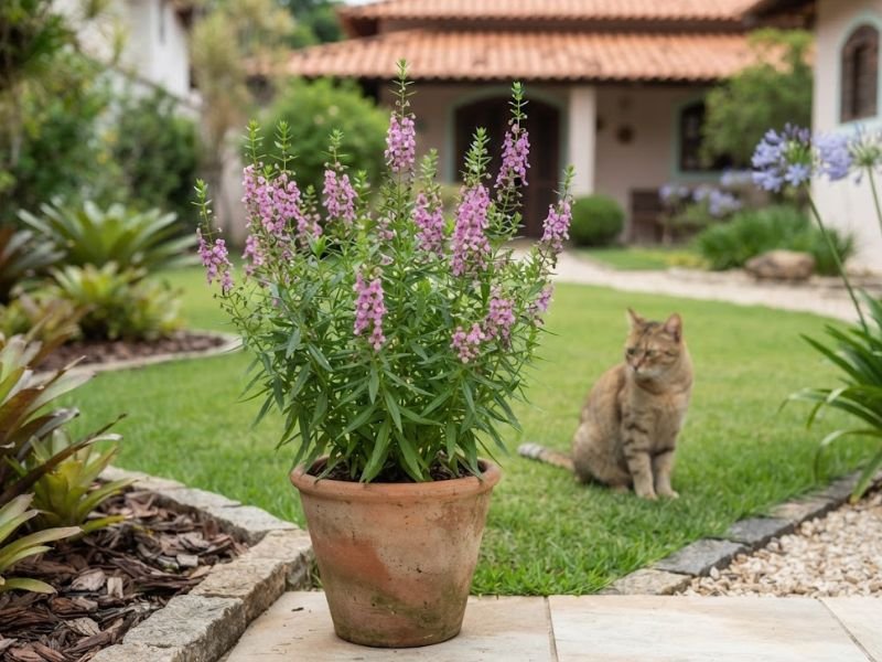 Angelônia cultivada no jardim com gato próximo ao canteiro