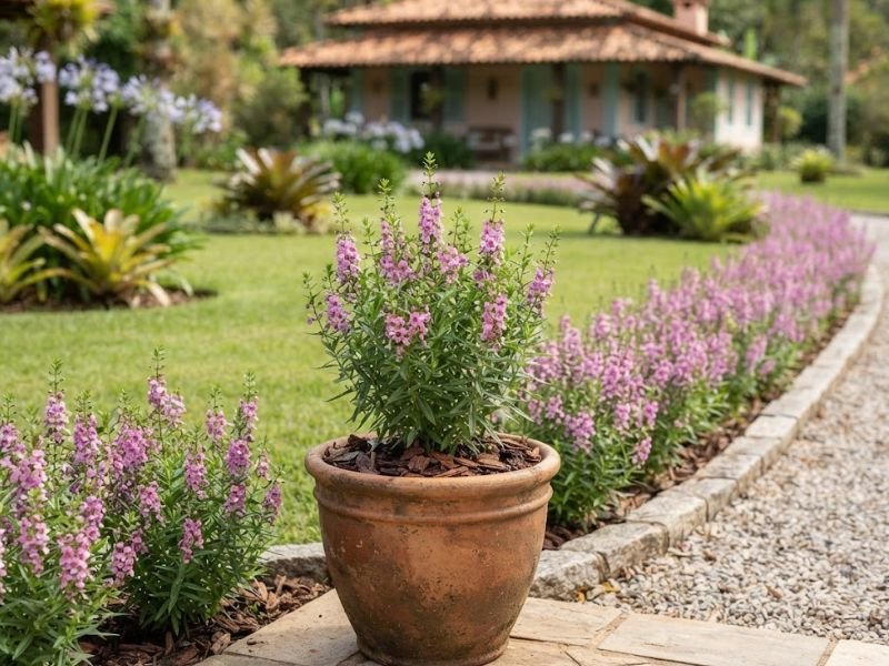 Angelônia cultivada em vaso e em canteiro organizado no jardim