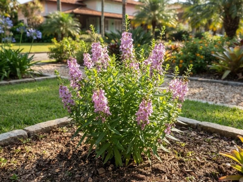Angelônia florida cultivada sob sol direto em jardim residencial
