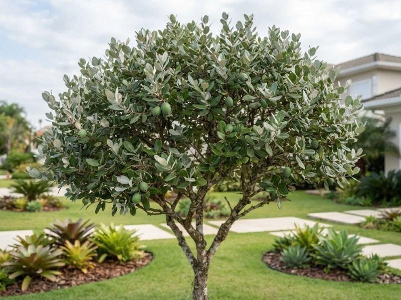 Árvore de goiaba serrana com copa natural, folhas prateadas e pequenos frutos verdes