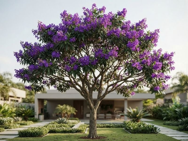 Árvore quaresmeira roxa adulta com copa florida, cultivada em jardim residencial próximo a uma casa.