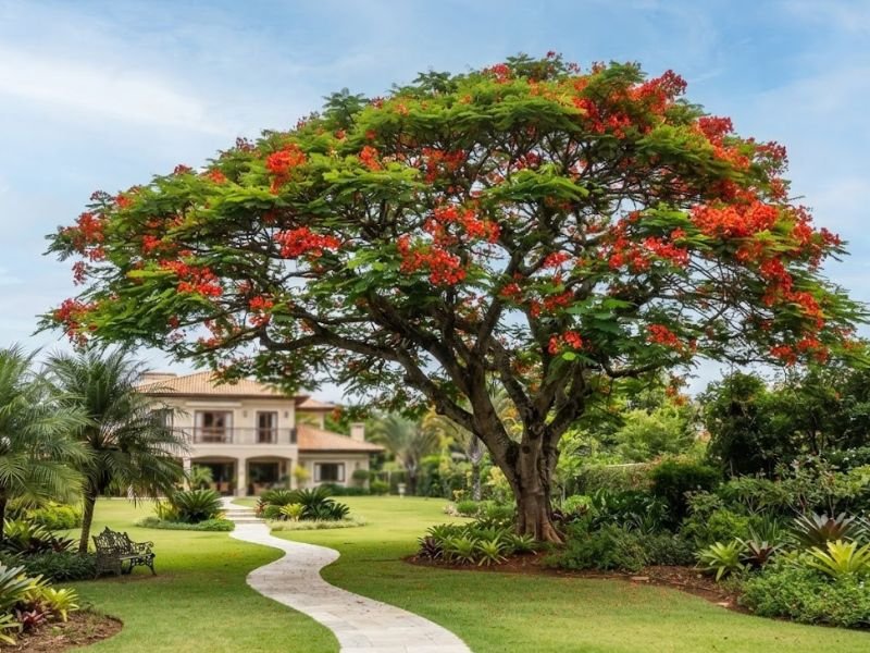 Árvore flamboyant adulta com copa ampla, folhagem verde delicada e flores vermelhas em um jardim residencial.