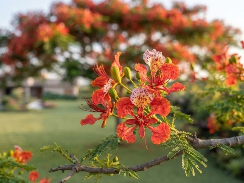 Detalhe de flores vermelhas de árvore flamboyant, com pétalas superiores manchadas e estames compridos.