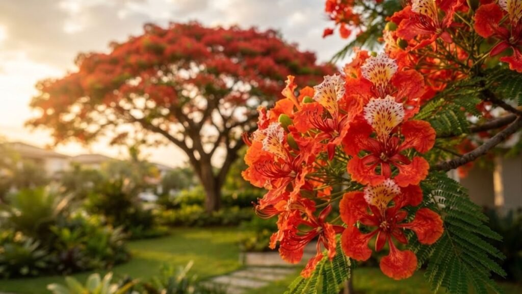 Flores vermelhas e alaranjadas de árvore flamboyant em primeiro plano, com uma copa florida e jardim desfocados ao fundo.