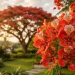 Flores vermelhas e alaranjadas de árvore flamboyant em primeiro plano, com uma copa florida e jardim desfocados ao fundo.