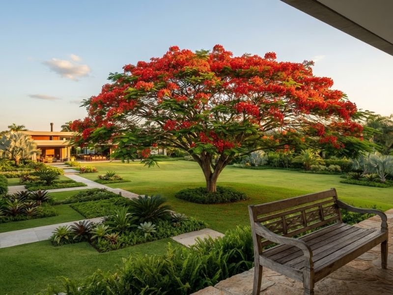 Árvore flamboyant adulta com copa ampla e flores vermelhas, cultivada em gramado espaçoso e observada de uma varanda.