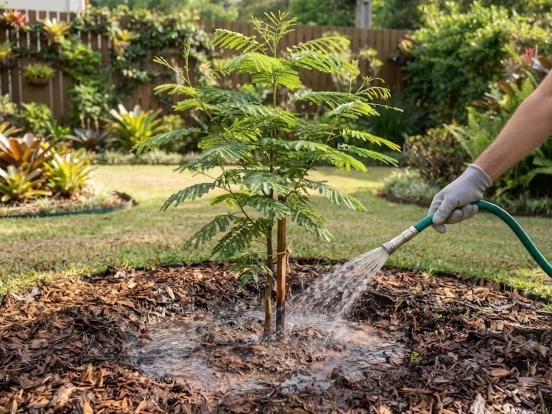 Muda jovem de árvore flamboyant cultivada em gramado, com cobertura orgânica ao redor do tronco e mangueira de irrigação.