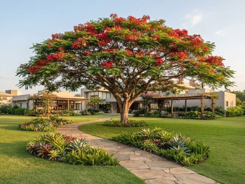 Árvore flamboyant adulta com copa larga e flores vermelhas utilizada como destaque em um jardim residencial amplo.
