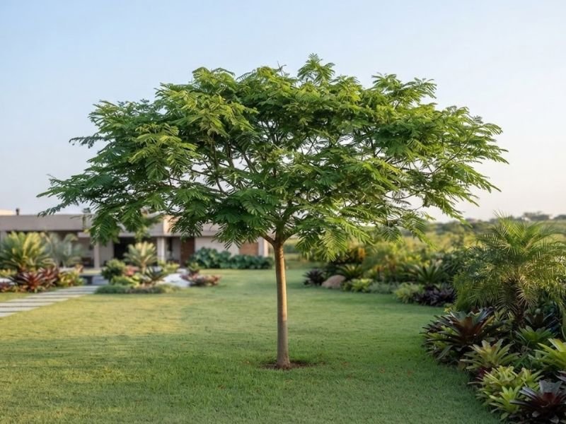 Árvore flamboyant jovem com copa verde e ausência de flores, cultivada em área gramada e ensolarada.