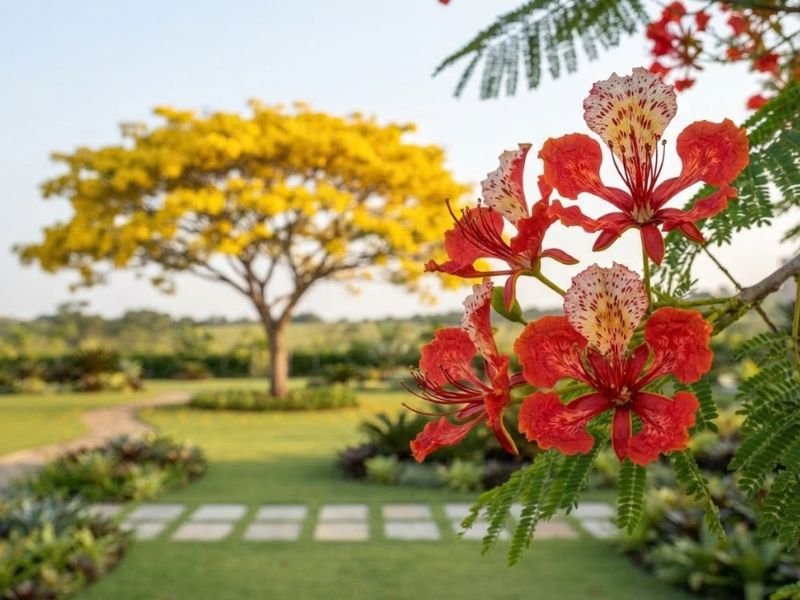 Flores vermelhas de flamboyant em primeiro plano e representação de um flamboyant amarelo em jardim ao fundo.