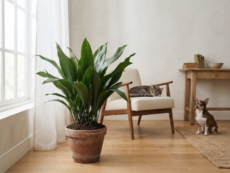 Aspidistra em sala com cão e gato próximos sem tocar na planta
