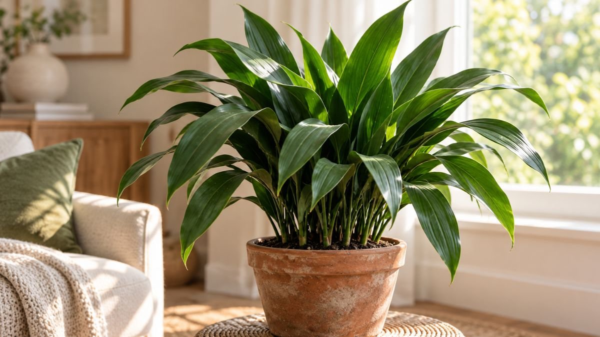 Aspidistra verde adulta em vaso de barro dentro de sala iluminada