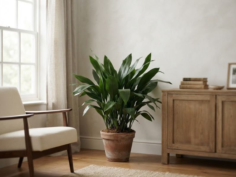 Aspidistra em vaso usada na decoração de uma sala clara