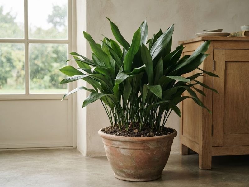 Aspidistra adulta cultivada em vaso largo com folhas verdes alongadas