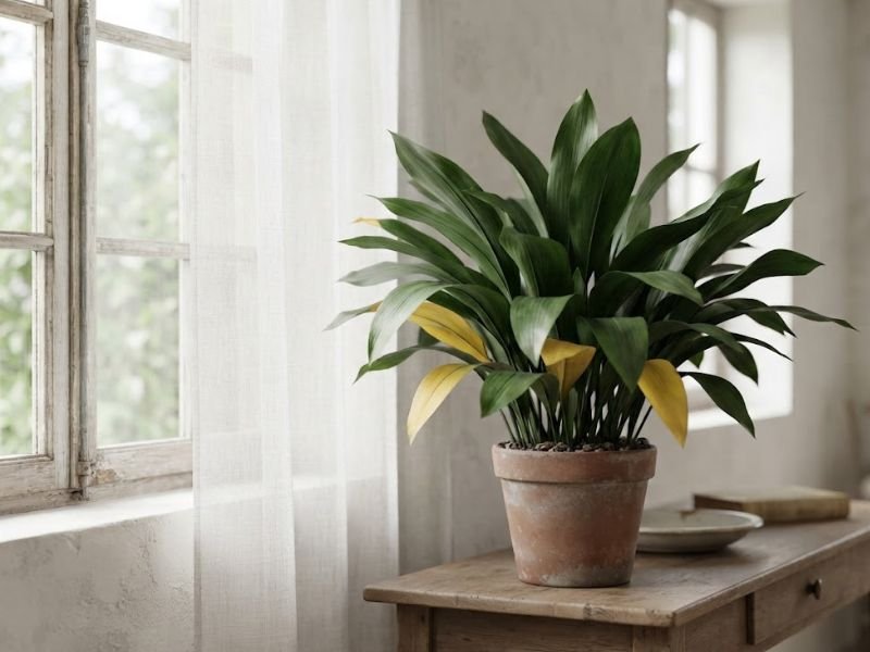 Aspidistra com algumas folhas inferiores amarelas e restante da touceira verde