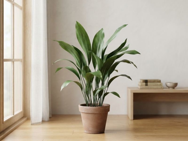 Aspidistra verde adulta em vaso decorando sala clara