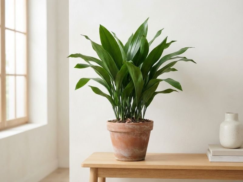 Aspidistra verde saudável cultivada em ambiente interno com luz indireta