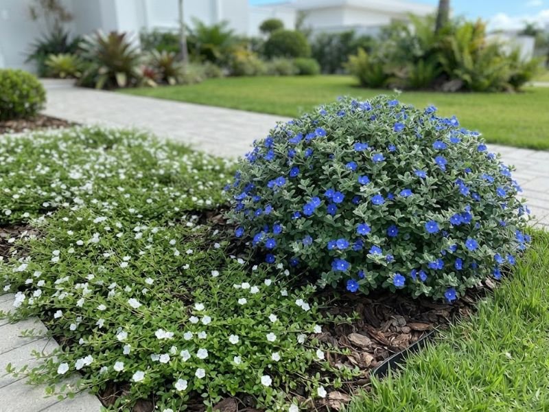 Azulzinha de flores azuis comparada com planta rasteira de pequenas flores brancas