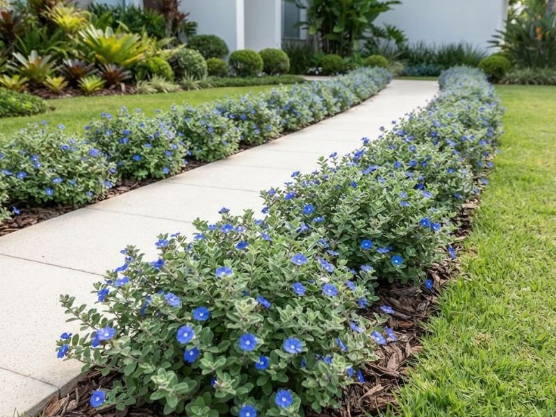 Azulzinha formando bordadura florida ao longo de caminho em jardim residencial