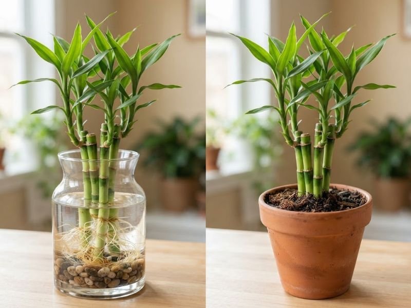 Bambu da sorte cultivado na água e em vaso com substrato