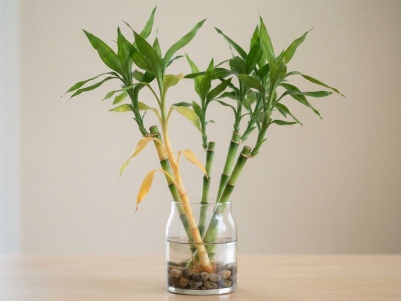 Bambu da sorte com algumas folhas e um caule começando a amarelar