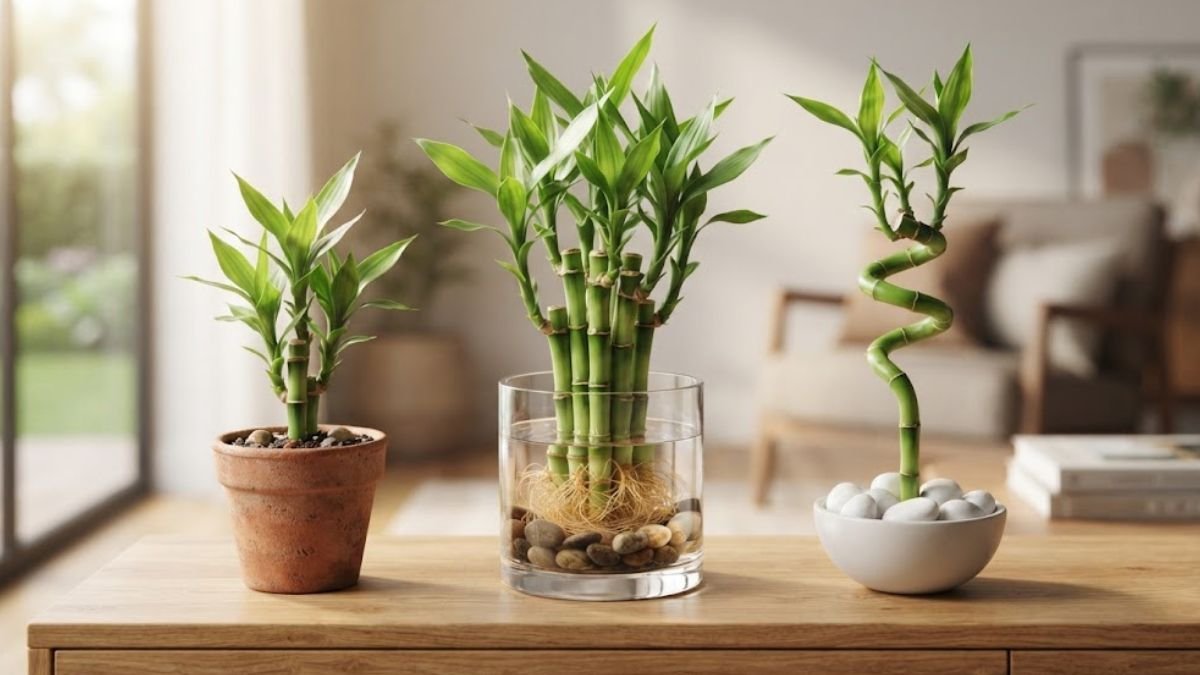 Bambu da sorte cultivado na terra, na água e com caule em espiral