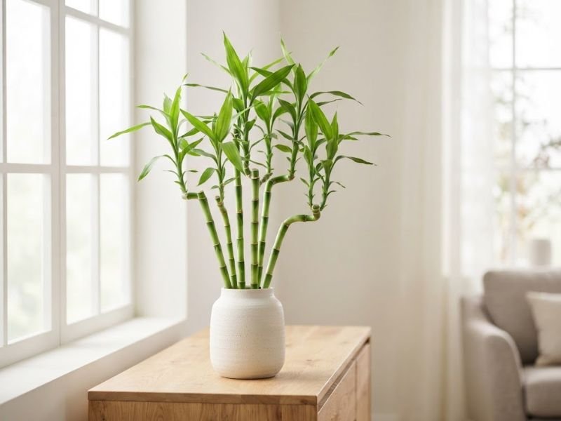 Bambu da sorte em vaso próximo a janela dentro de sala clara