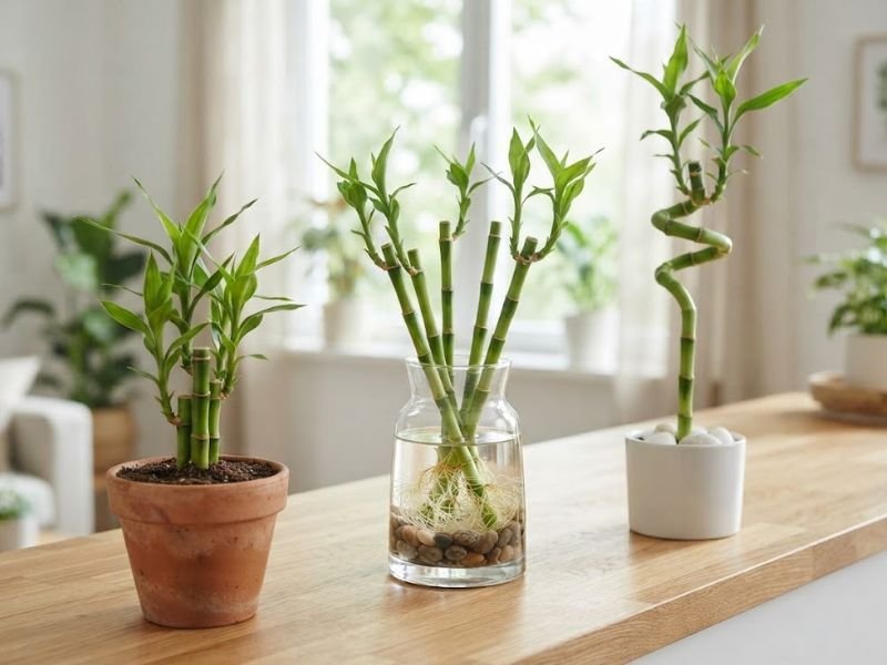 Bambus da sorte cultivados na terra, na água e com caule em espiral