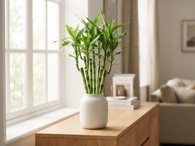 Bambu da sorte saudável decorando sala iluminada perto de janela
