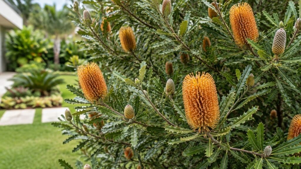Banksia florida com inflorescências douradas em destaque em jardim residencial bem cuidado