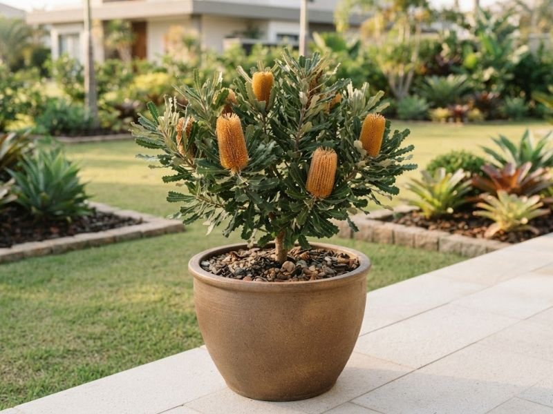 Banksia compacta florida cultivada em vaso grande de cerâmica
