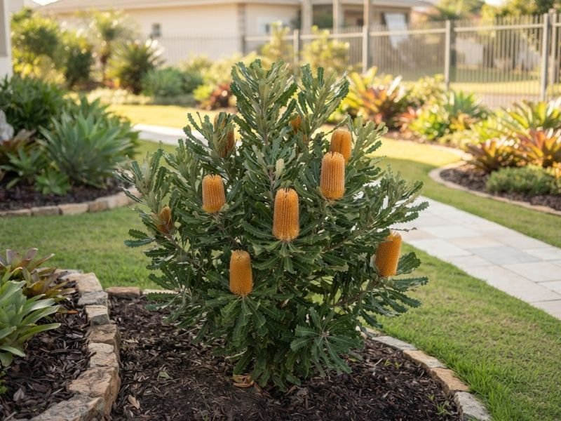 Banksia florida cultivada sob sol direto em jardim residencial