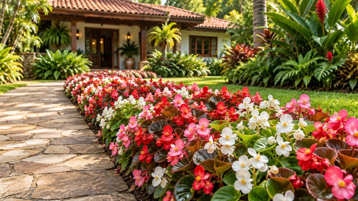 Begônias de cera rosas, vermelhas e brancas formando canteiro na entrada de uma casa