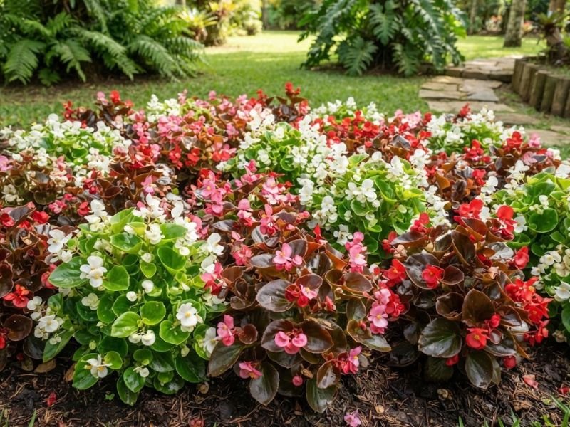 Begônias de cera com folhas verdes e bronzeadas e flores brancas, rosas e vermelhas