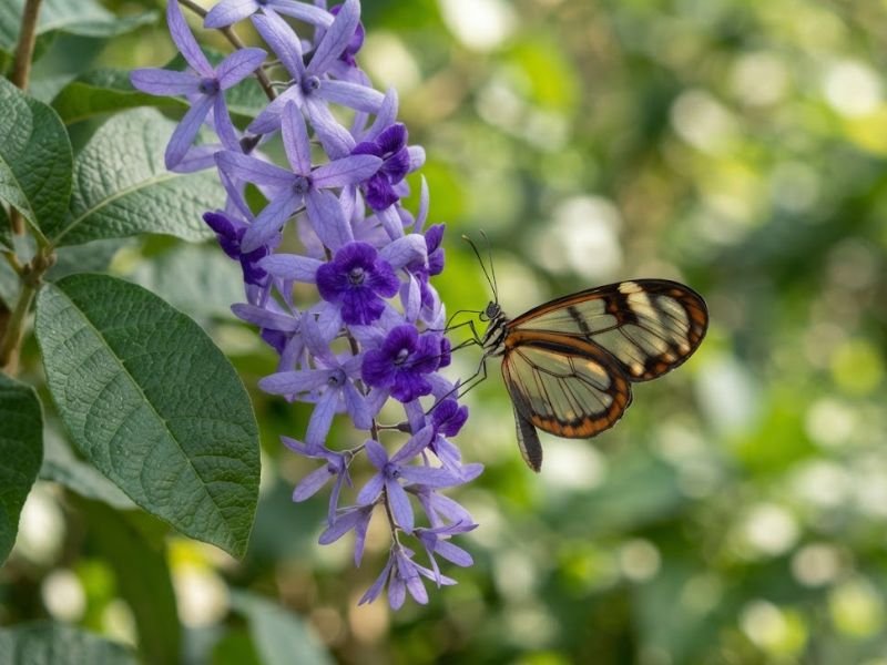 Borboleta pousada sobre cacho violeta de flor-de-São-Miguel no jardim