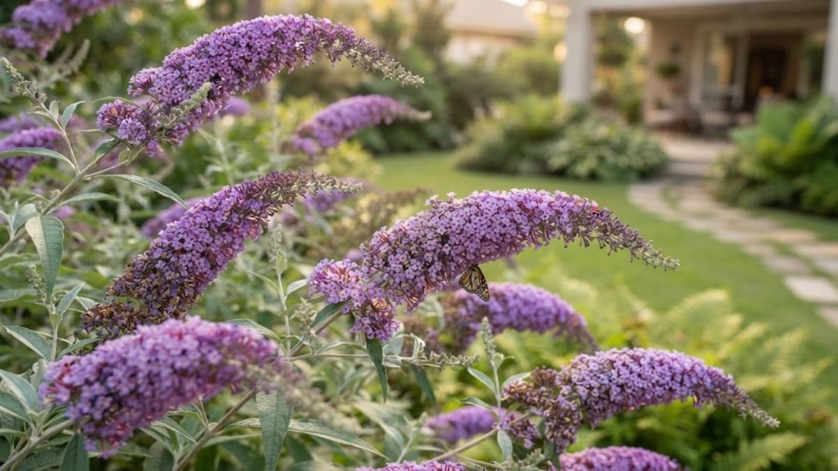 Buddleia com espigas florais lilás em primeiro plano e borboleta pousada em uma das flores