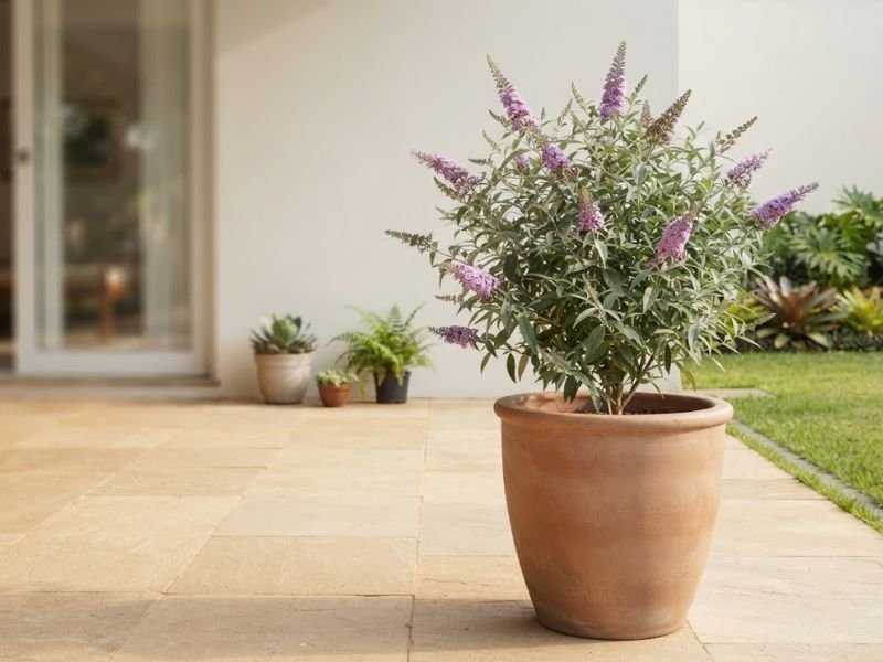 Buddleia compacta com flores lilás cultivada em vaso grande no pátio