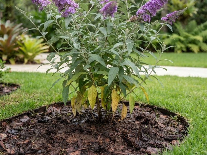 Buddleia com algumas folhas inferiores amarelas e solo excessivamente úmido