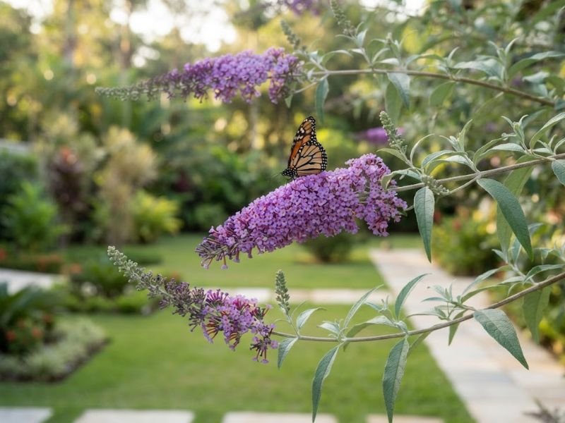 Borboleta pousada em espiga lilás de Buddleja davidii em jardim